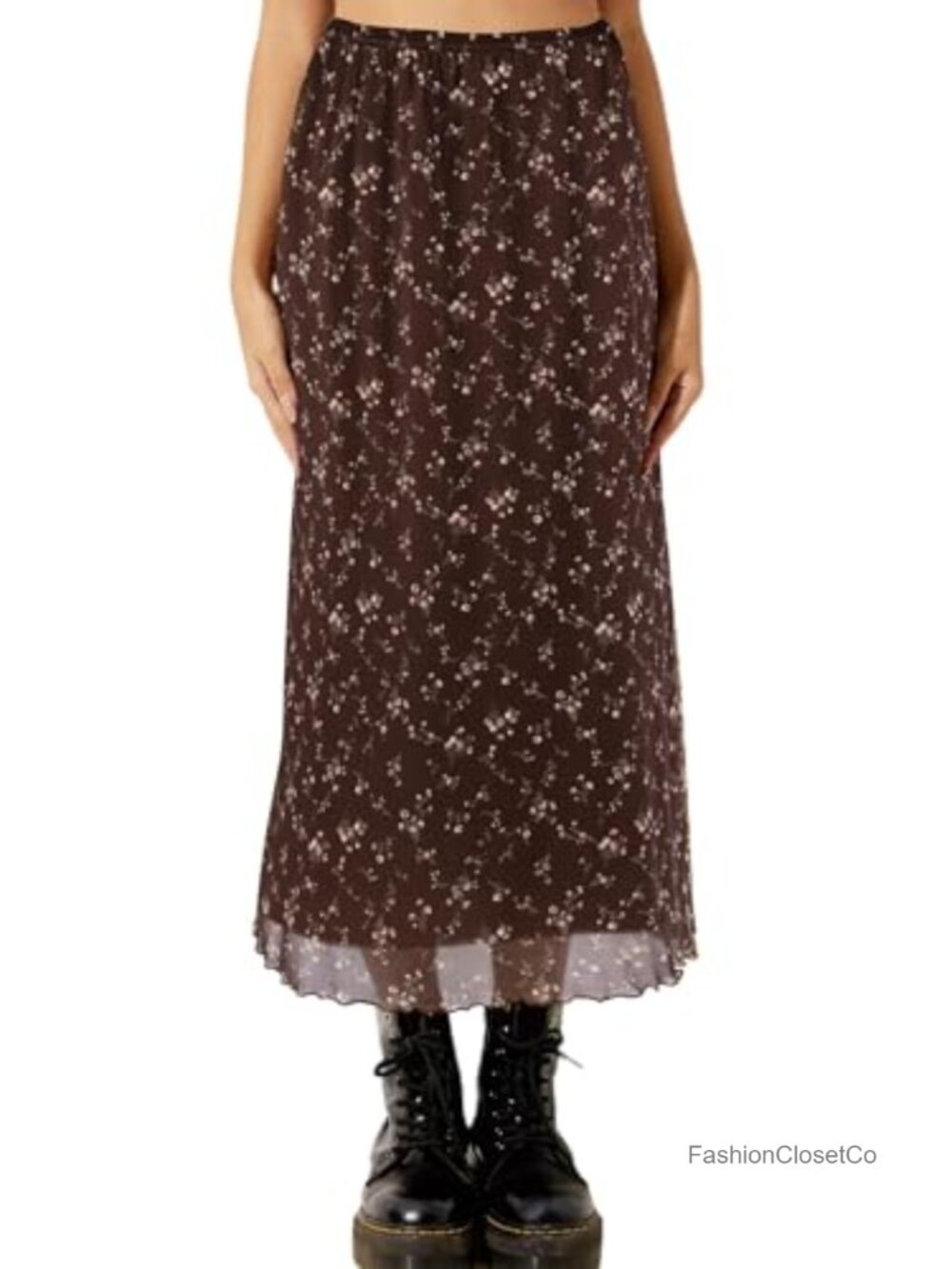 Mesh Floral Boho Midi Skirt High Waist Long Skirt Women